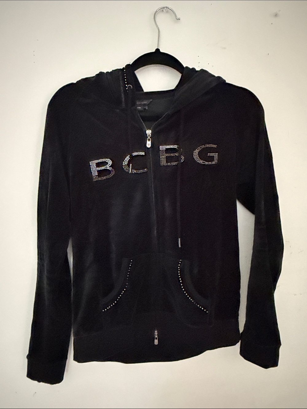 BCBG Y2K Black Velour Hoodie with Rhinestone Logo